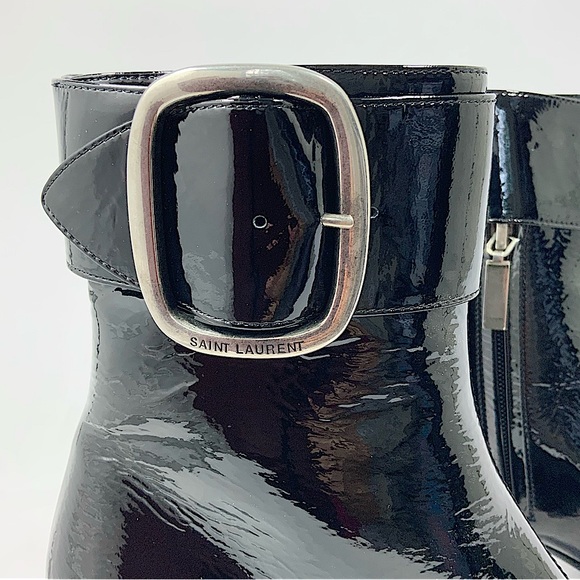 SAINT LAURENT Joplin Buckled Patent-Leather Ankle Boots Size 39/ US 8 - Picture 10 of 14